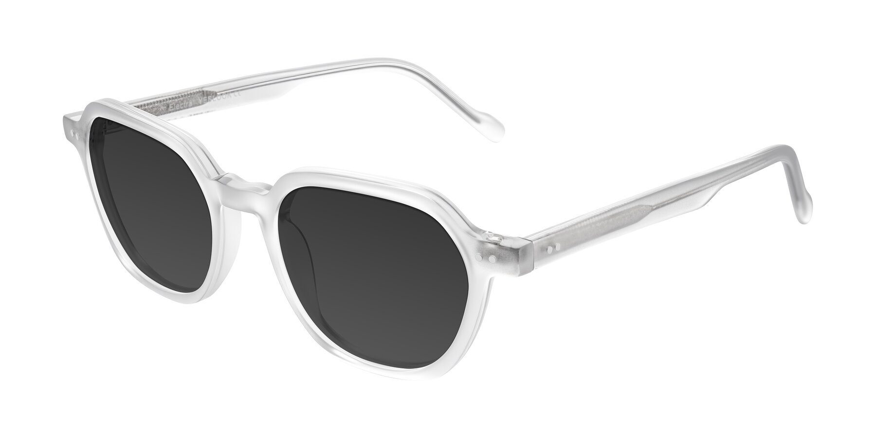 Angle of Electra in Transparent White Matte with Gray Tinted Lenses