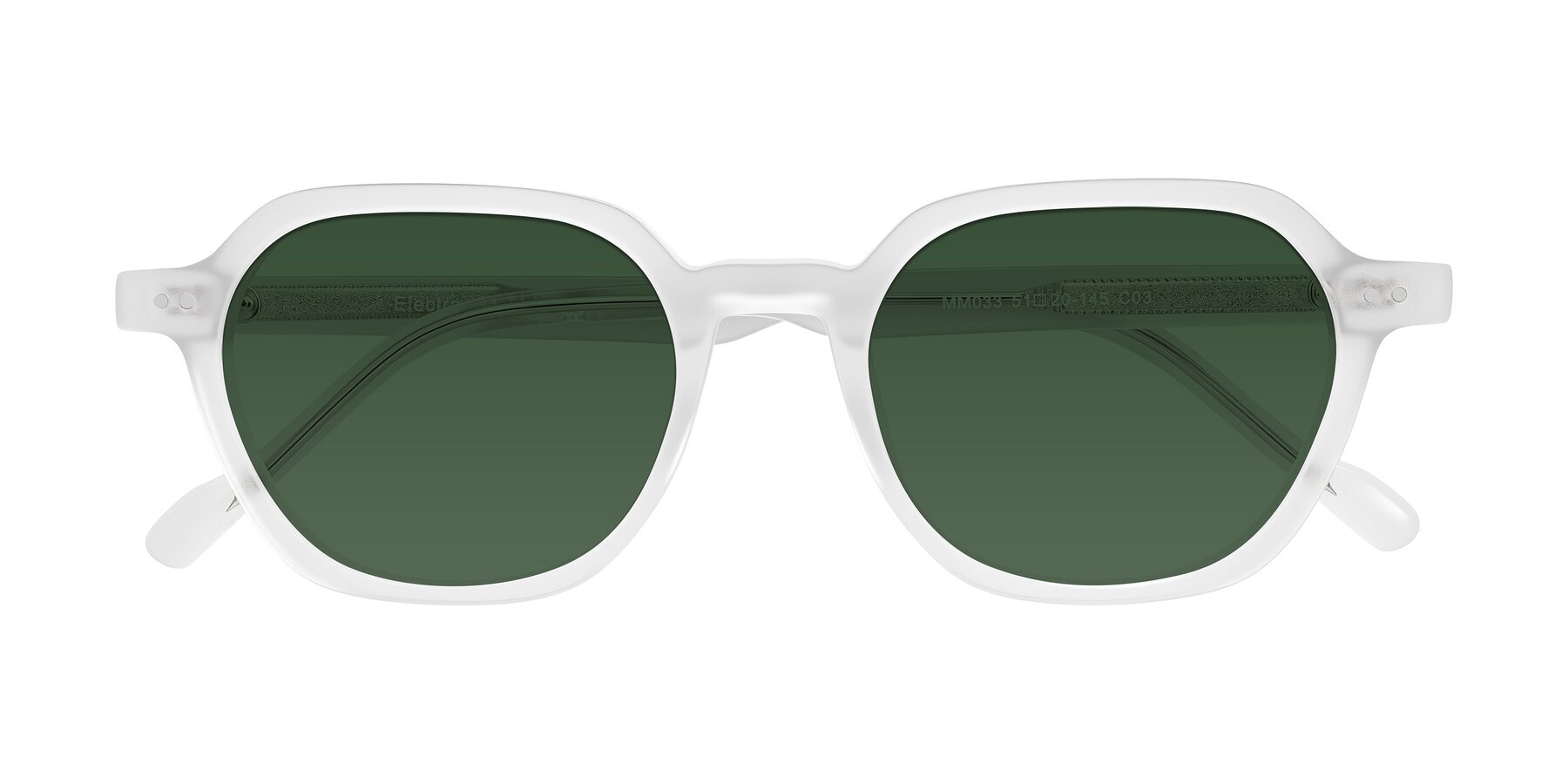 Folded Front of Electra in Transparent White Matte with Green Tinted Lenses
