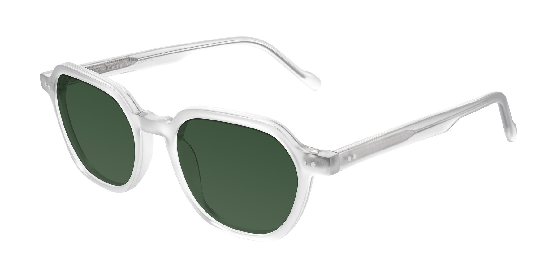 Angle of Electra in Transparent White Matte with Green Tinted Lenses