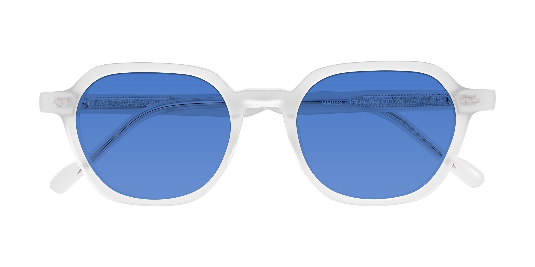 Folded Front of Electra in Transparent White Matte with Blue Tinted Lenses