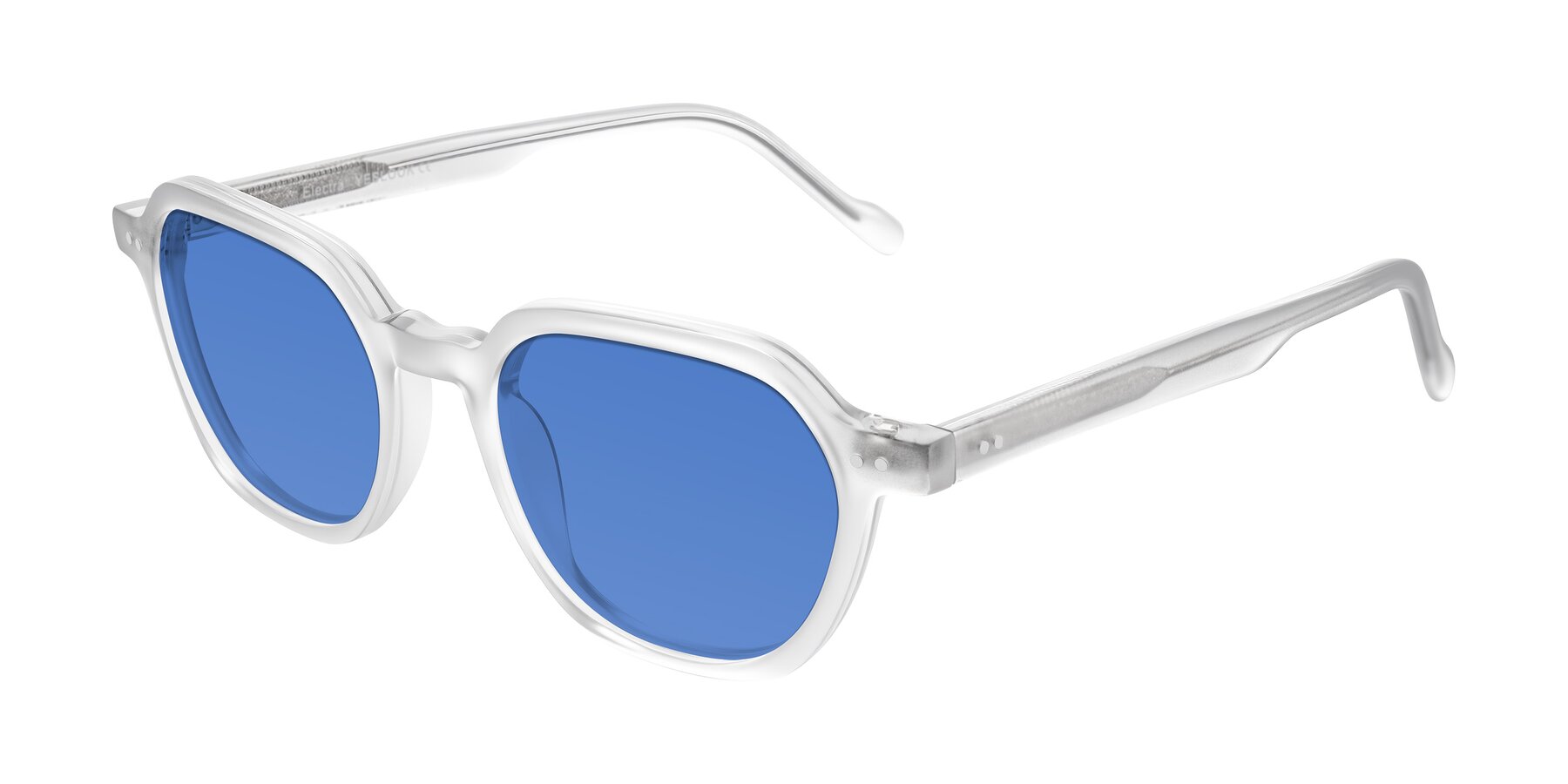 Angle of Electra in Transparent White Matte with Blue Tinted Lenses