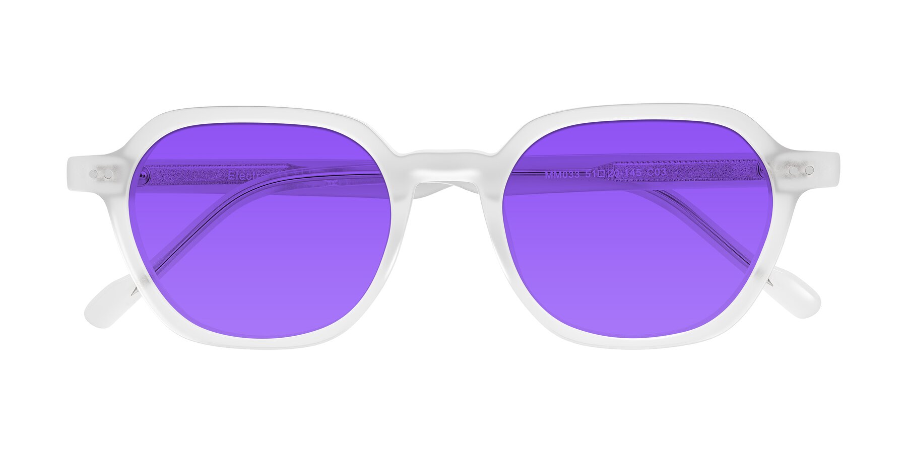 Folded Front of Electra in Transparent White Matte with Purple Tinted Lenses