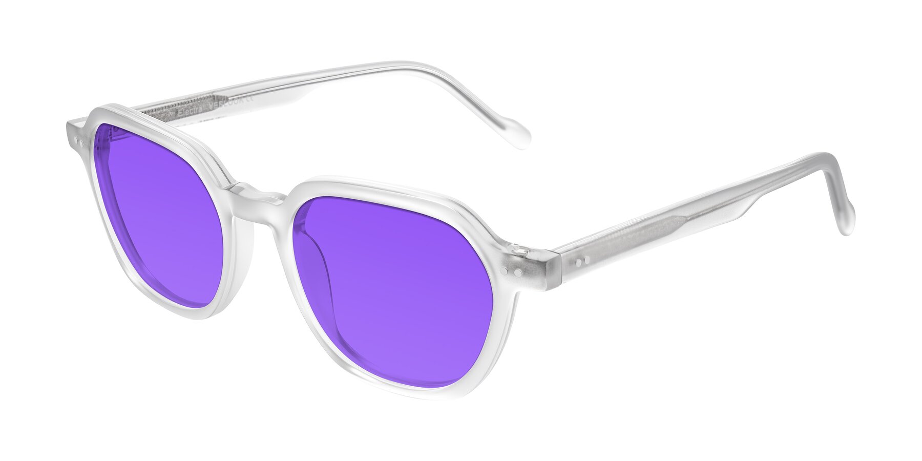 Angle of Electra in Transparent White Matte with Purple Tinted Lenses