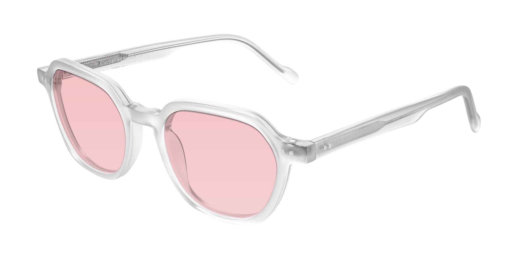 Angle of Electra in Transparent White Matte with Light Garnet Tinted Lenses