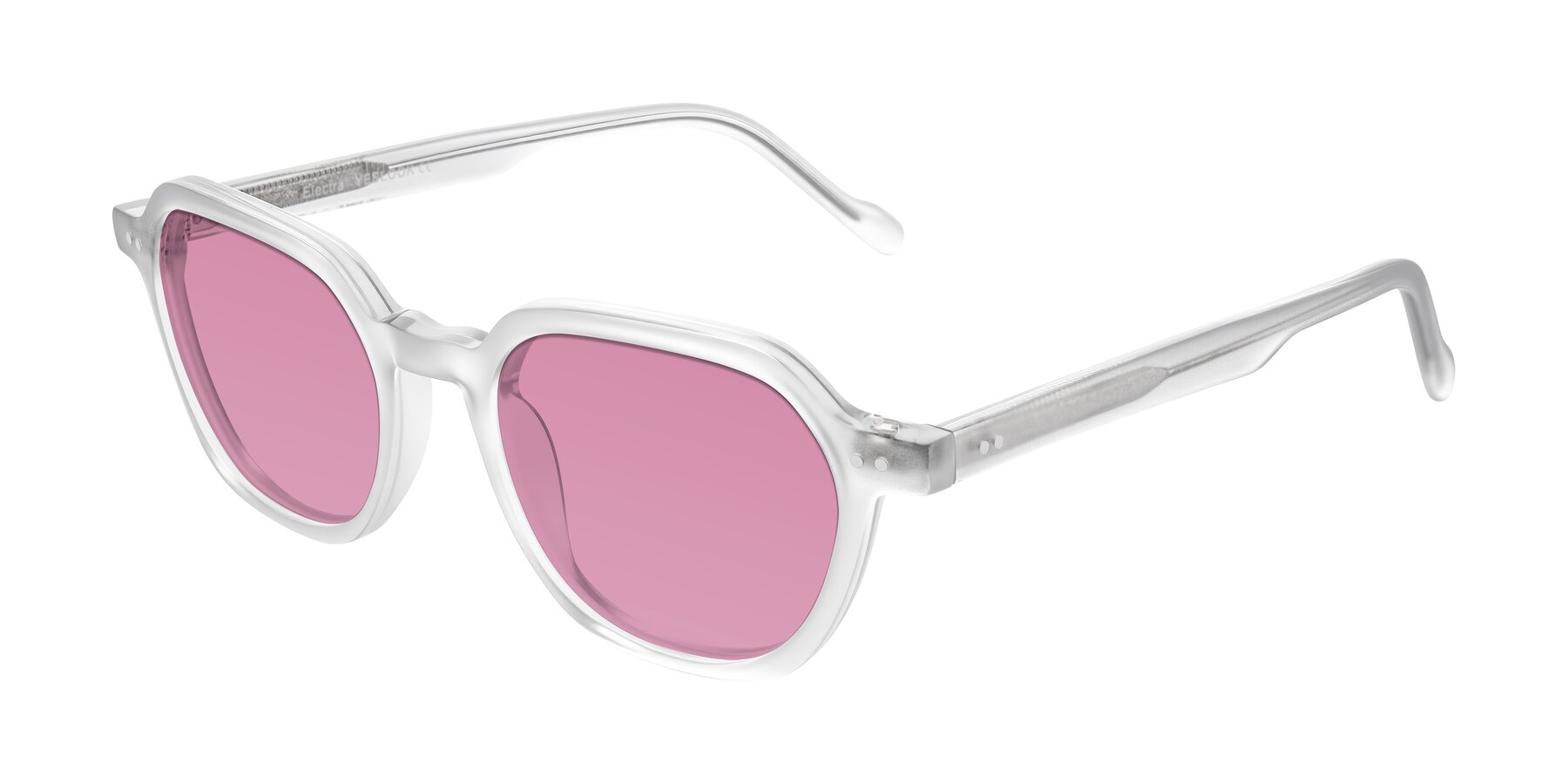 Angle of Electra in Transparent White Matte with Medium Wine Tinted Lenses