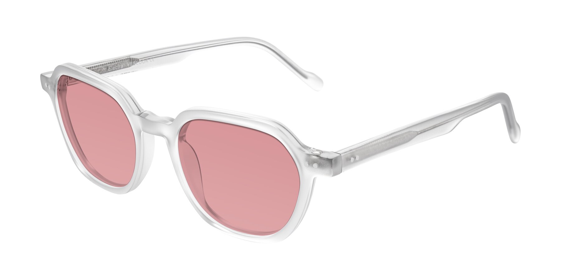 Angle of Electra in Transparent White Matte with Medium Garnet Tinted Lenses