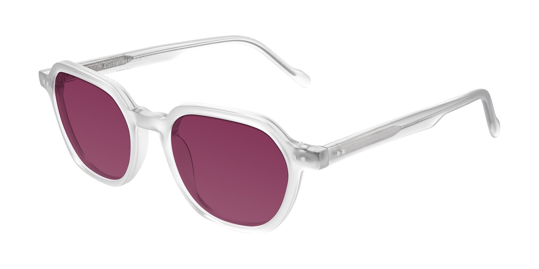 Angle of Electra in Transparent White Matte with Wine Tinted Lenses