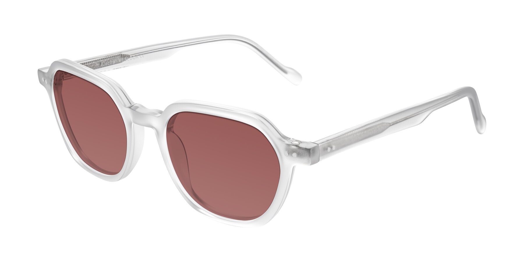 Angle of Electra in Transparent White Matte with Garnet Tinted Lenses
