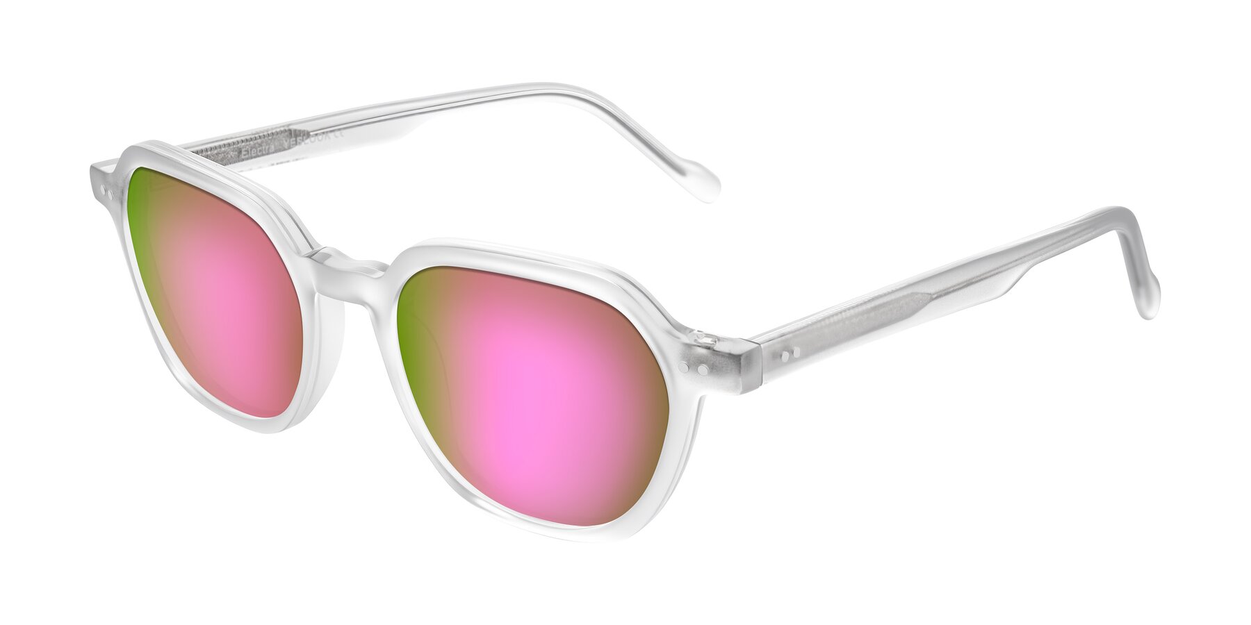 Angle of Electra in Transparent White Matte with Pink Mirrored Lenses