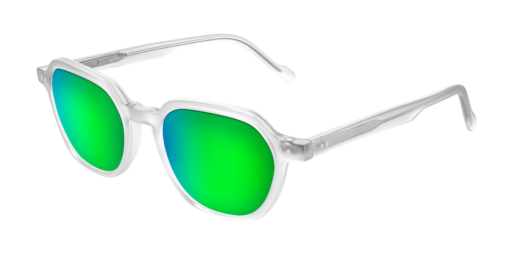 Angle of Electra in Transparent White Matte with Green Mirrored Lenses