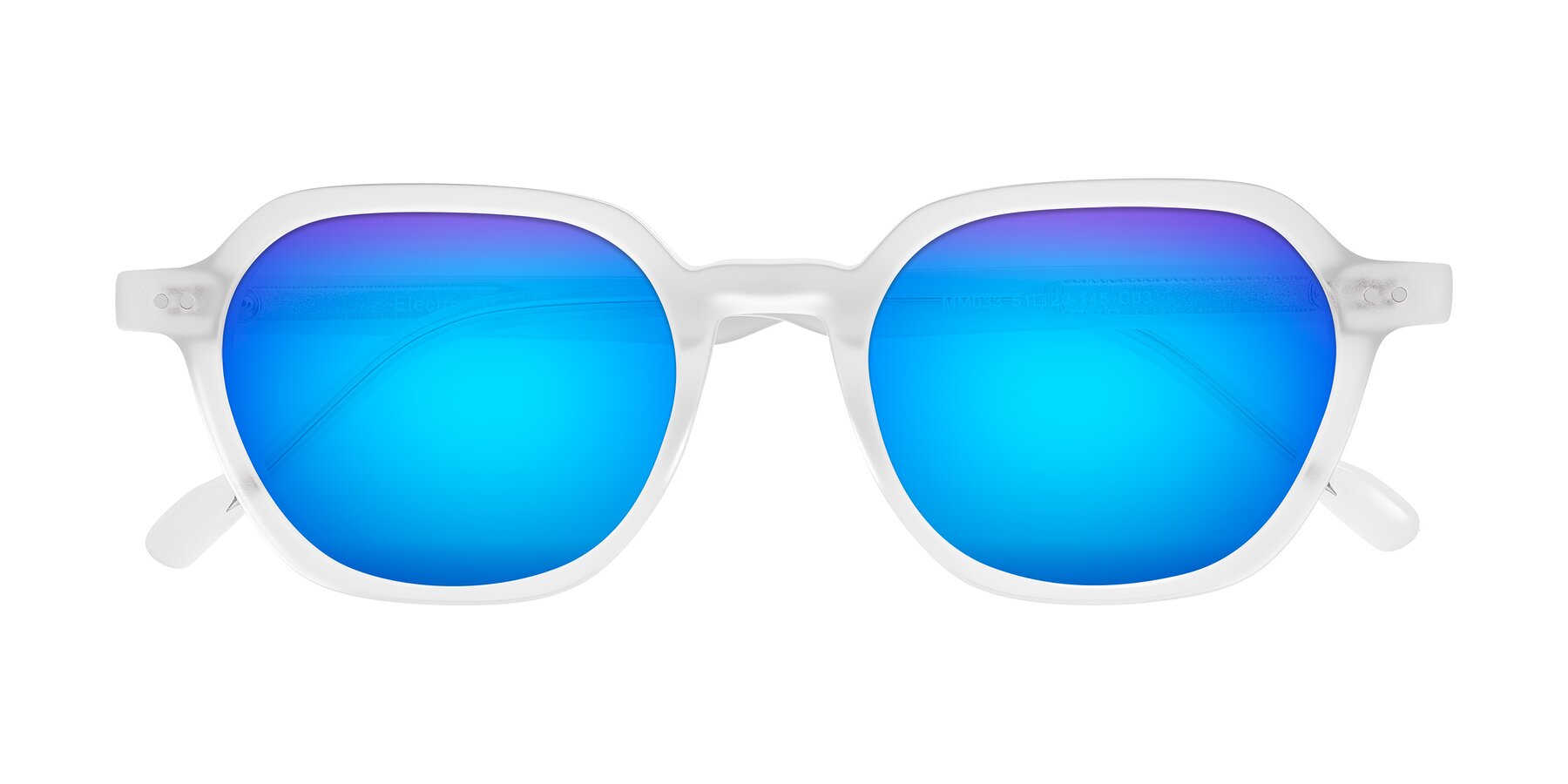 Folded Front of Electra in Transparent White Matte with Blue Mirrored Lenses