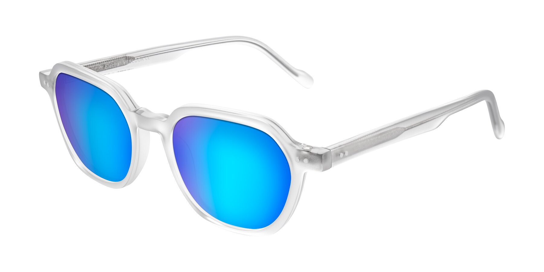 Angle of Electra in Transparent White Matte with Blue Mirrored Lenses