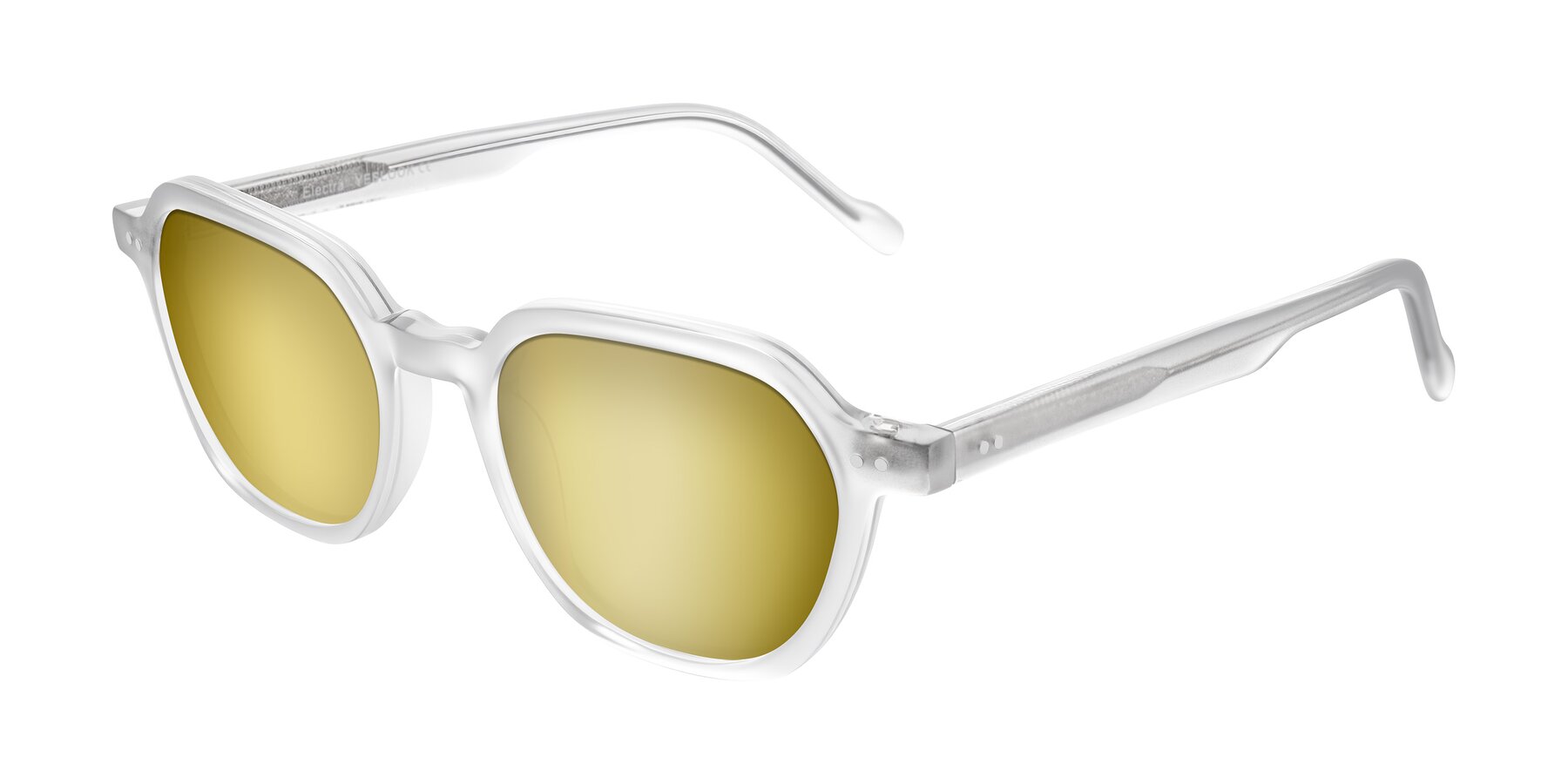 Angle of Electra in Transparent White Matte with Gold Mirrored Lenses