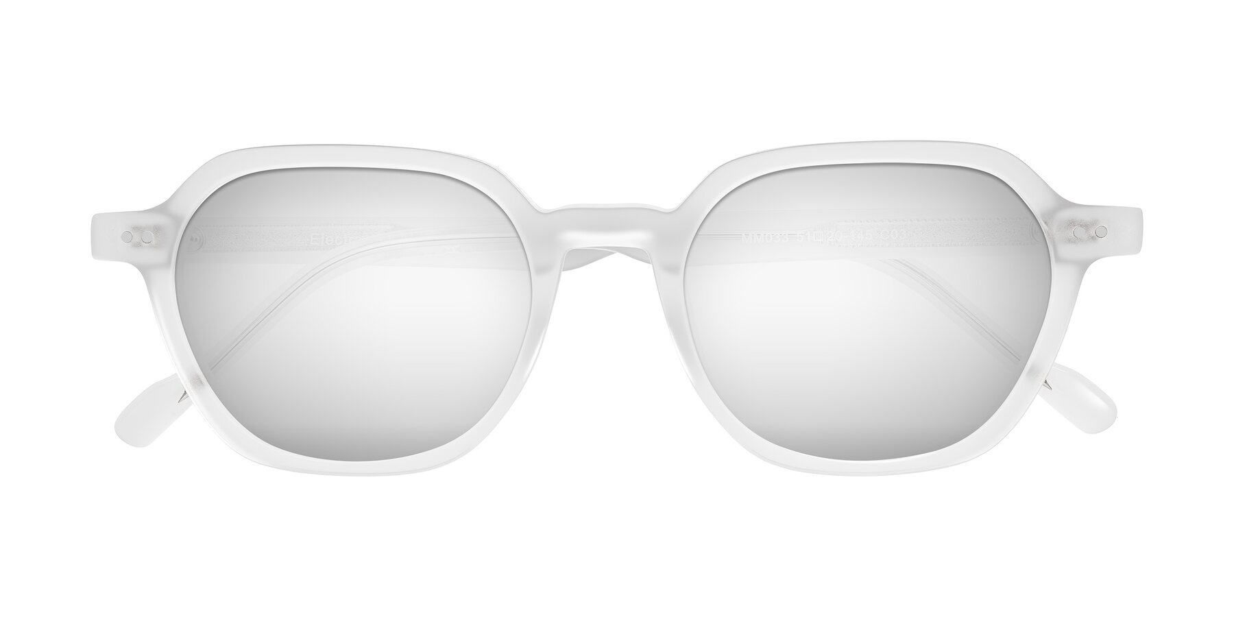 Folded Front of Electra in Transparent White Matte with Silver Mirrored Lenses