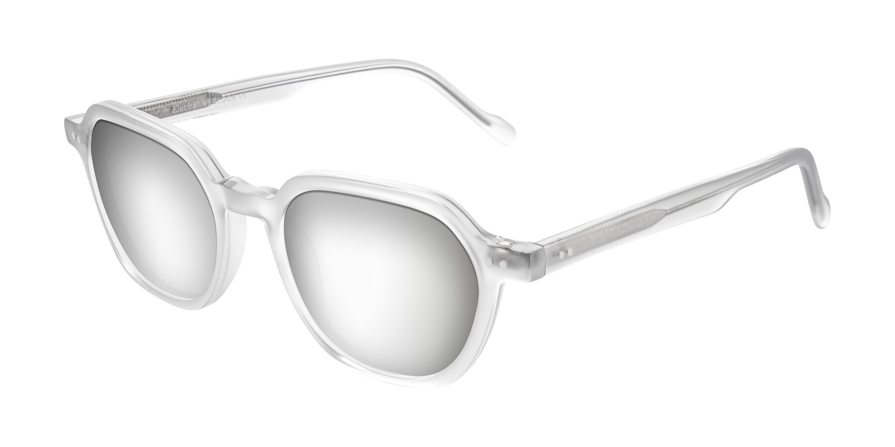 Angle of Electra in Transparent White Matte with Silver Mirrored Lenses