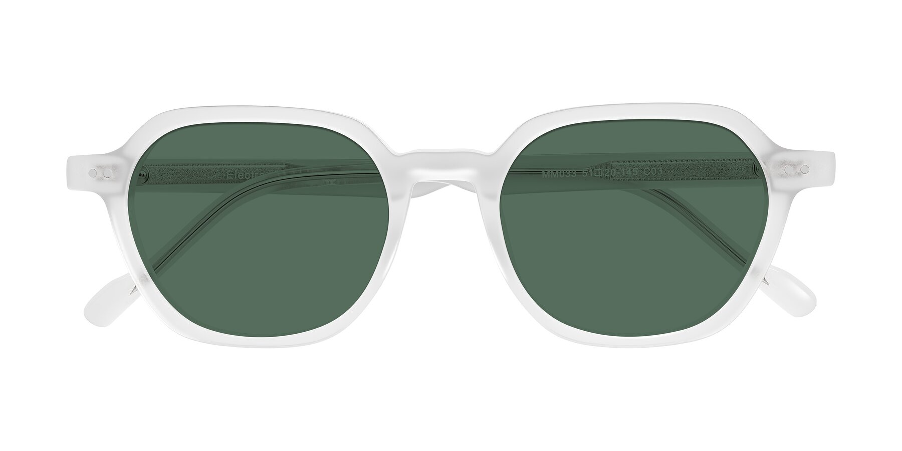 Folded Front of Electra in Transparent White Matte with Green Polarized Lenses