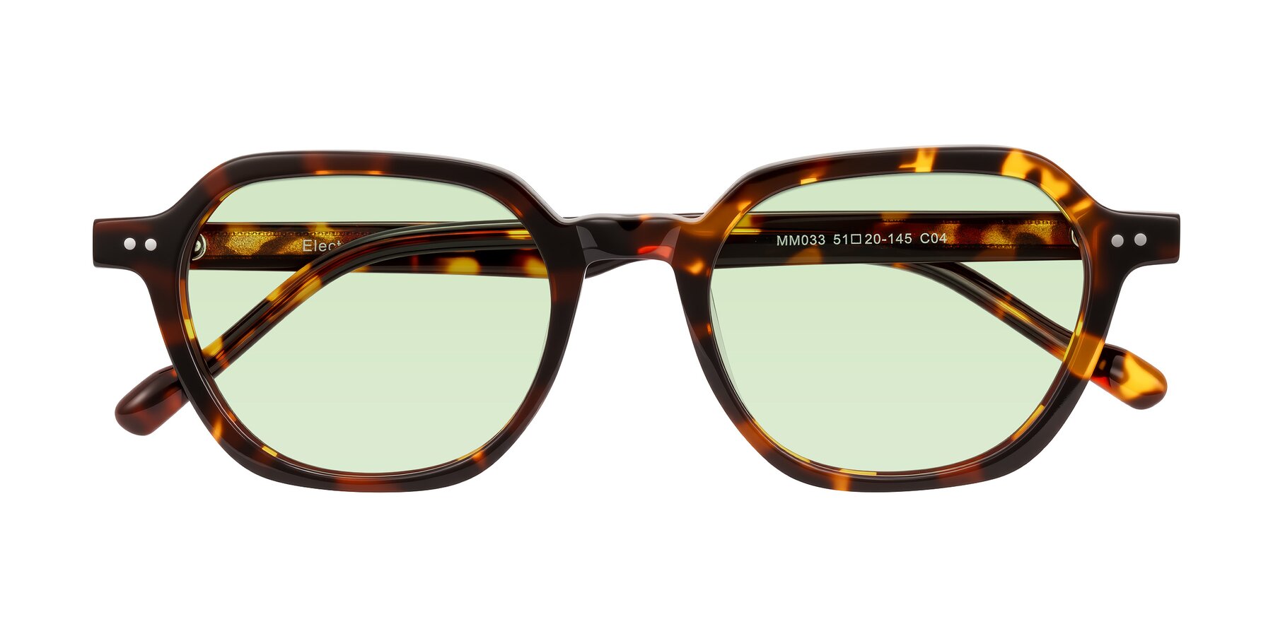 Folded Front of Electra in Tortoise with Light Green Tinted Lenses
