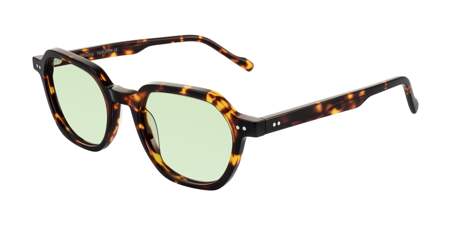 Angle of Electra in Tortoise with Light Green Tinted Lenses
