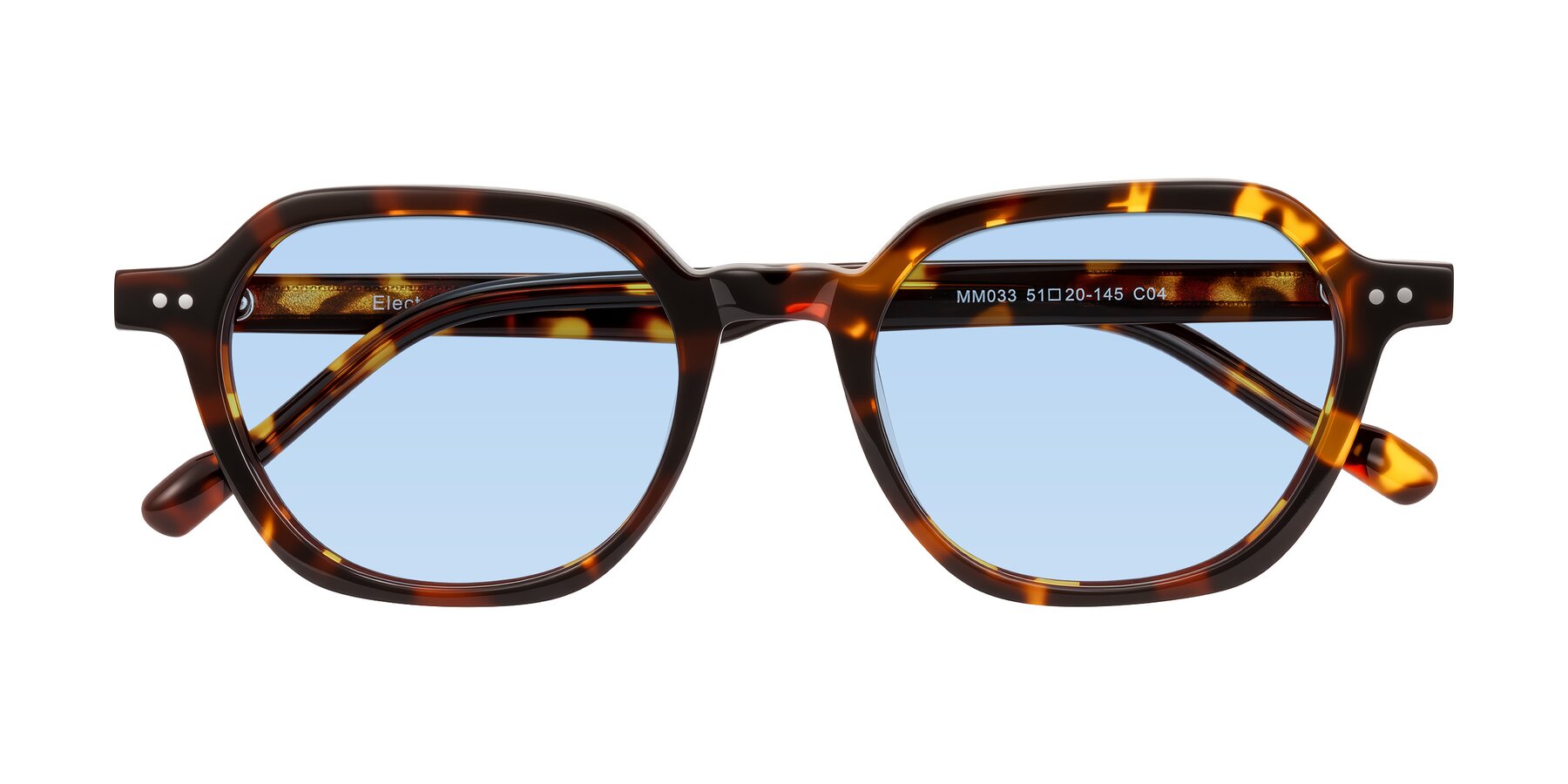 Folded Front of Electra in Tortoise with Light Blue Tinted Lenses