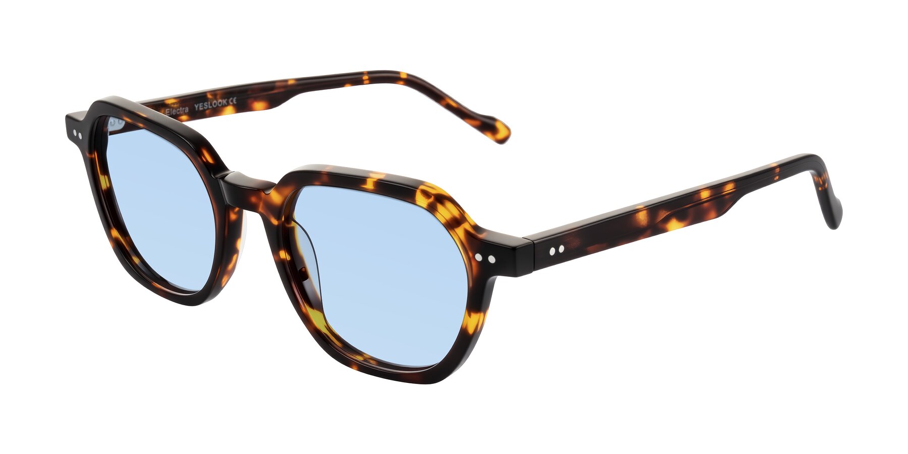Angle of Electra in Tortoise with Light Blue Tinted Lenses