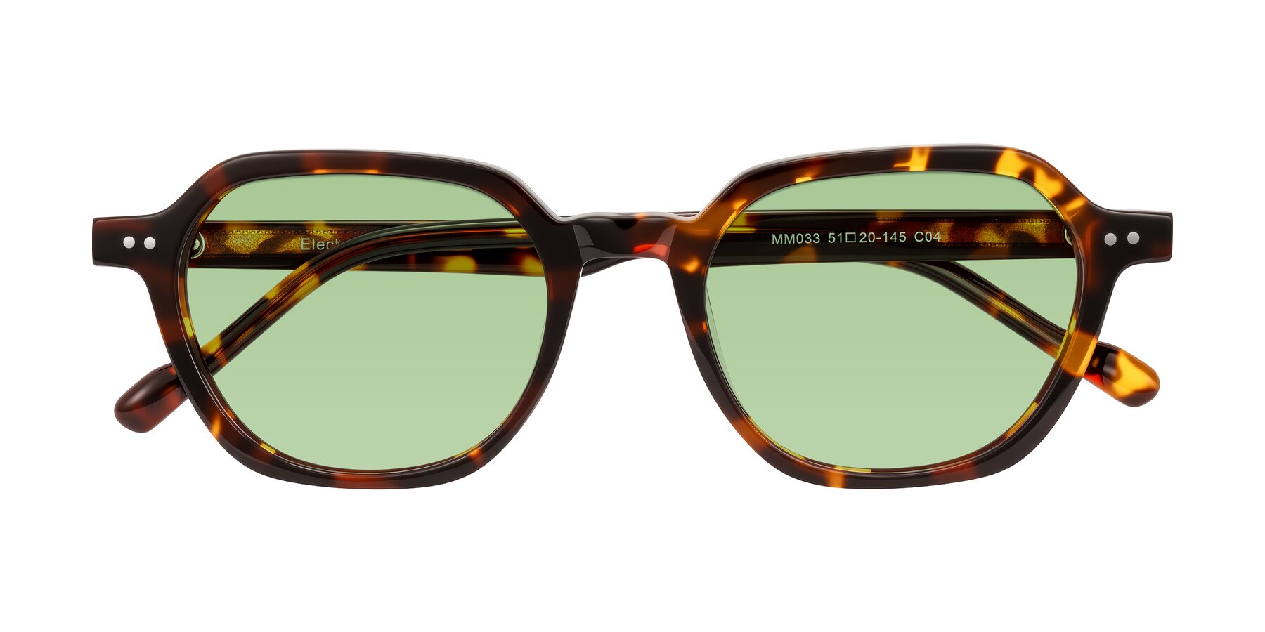 Folded Front of Electra in Tortoise with Medium Green Tinted Lenses