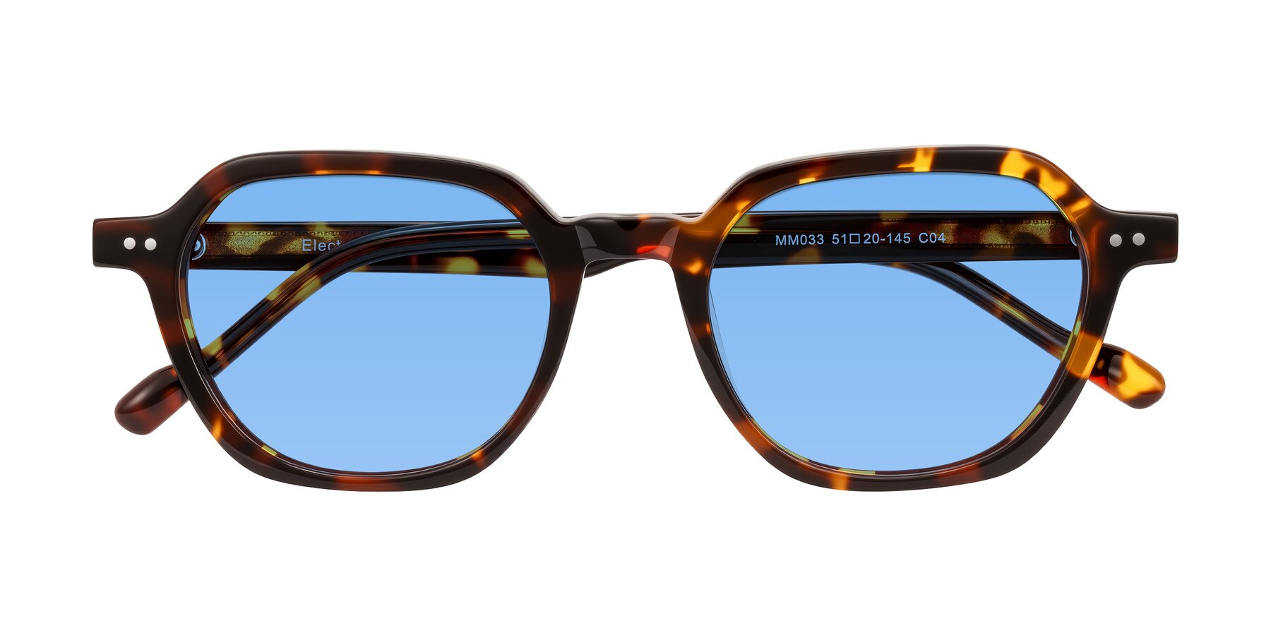 Folded Front of Electra in Tortoise with Medium Blue Tinted Lenses
