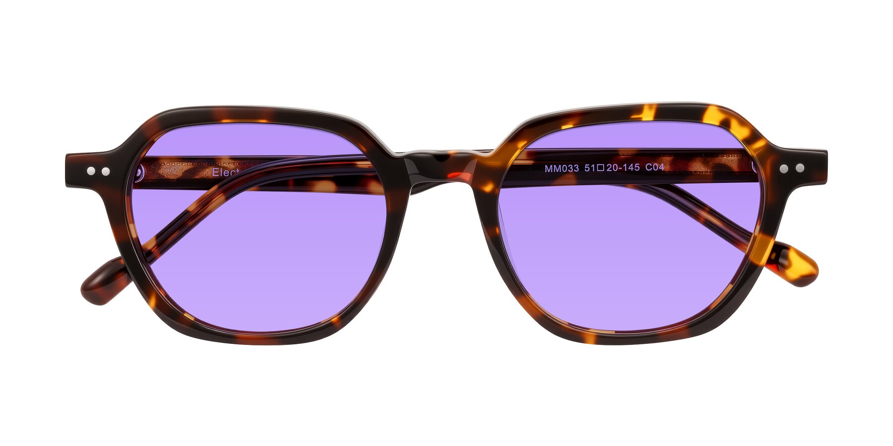 Folded Front of Electra in Tortoise with Medium Purple Tinted Lenses