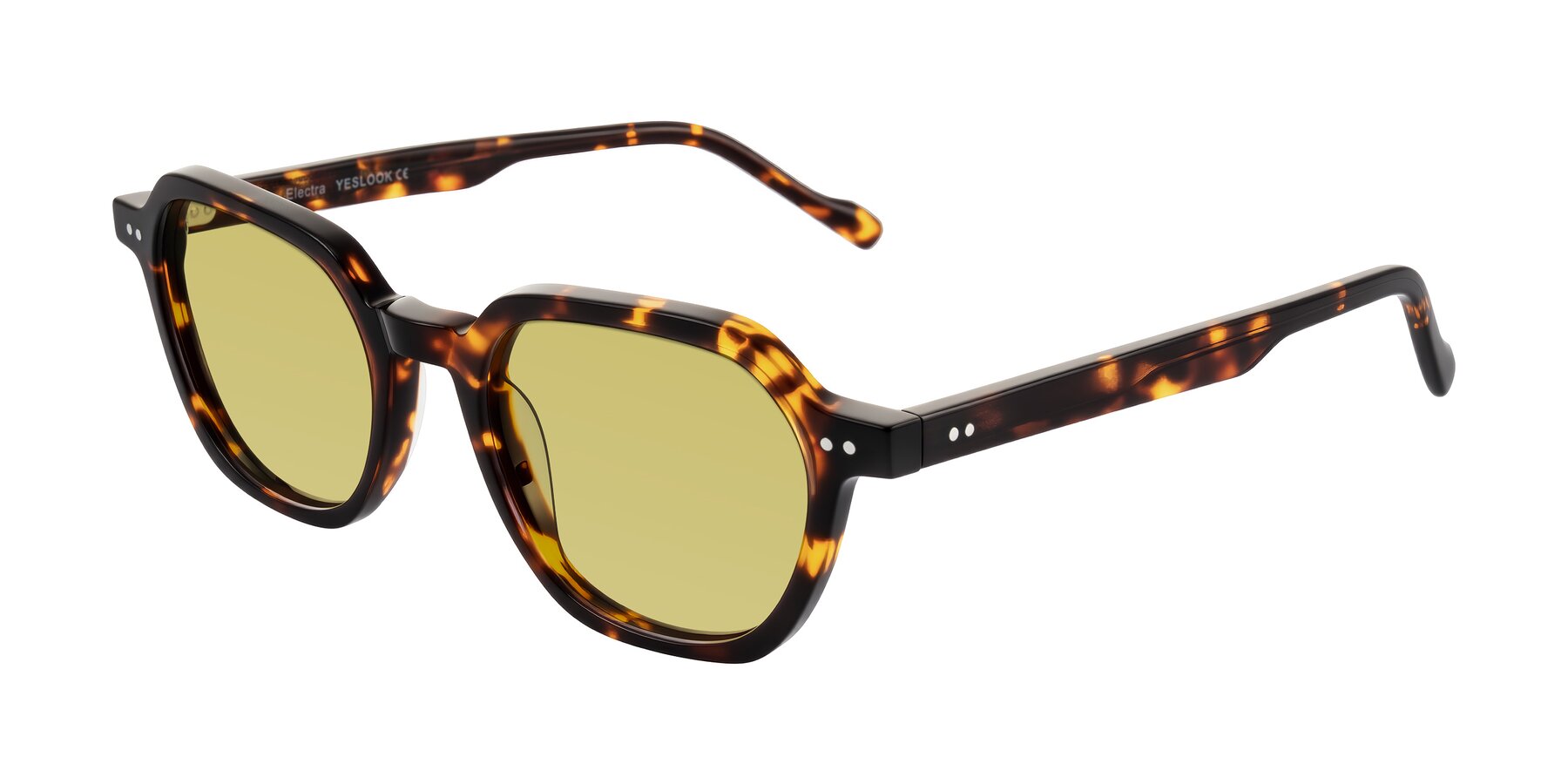Angle of Electra in Tortoise with Medium Champagne Tinted Lenses