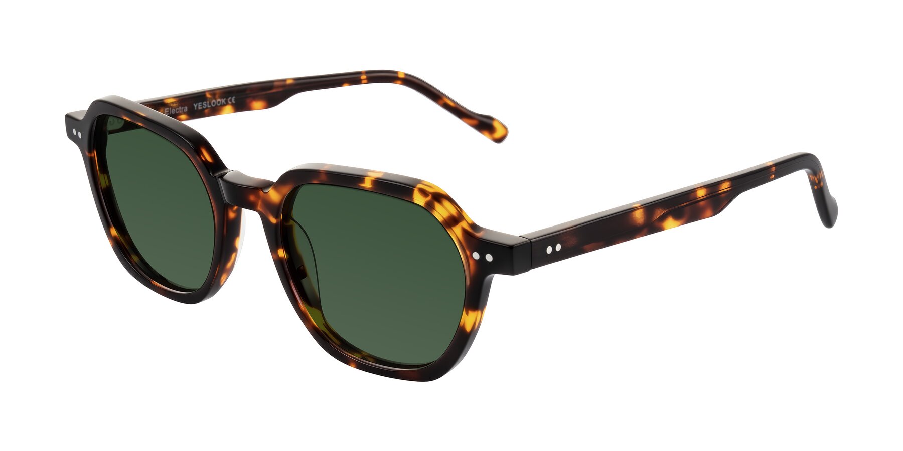 Angle of Electra in Tortoise with Green Tinted Lenses