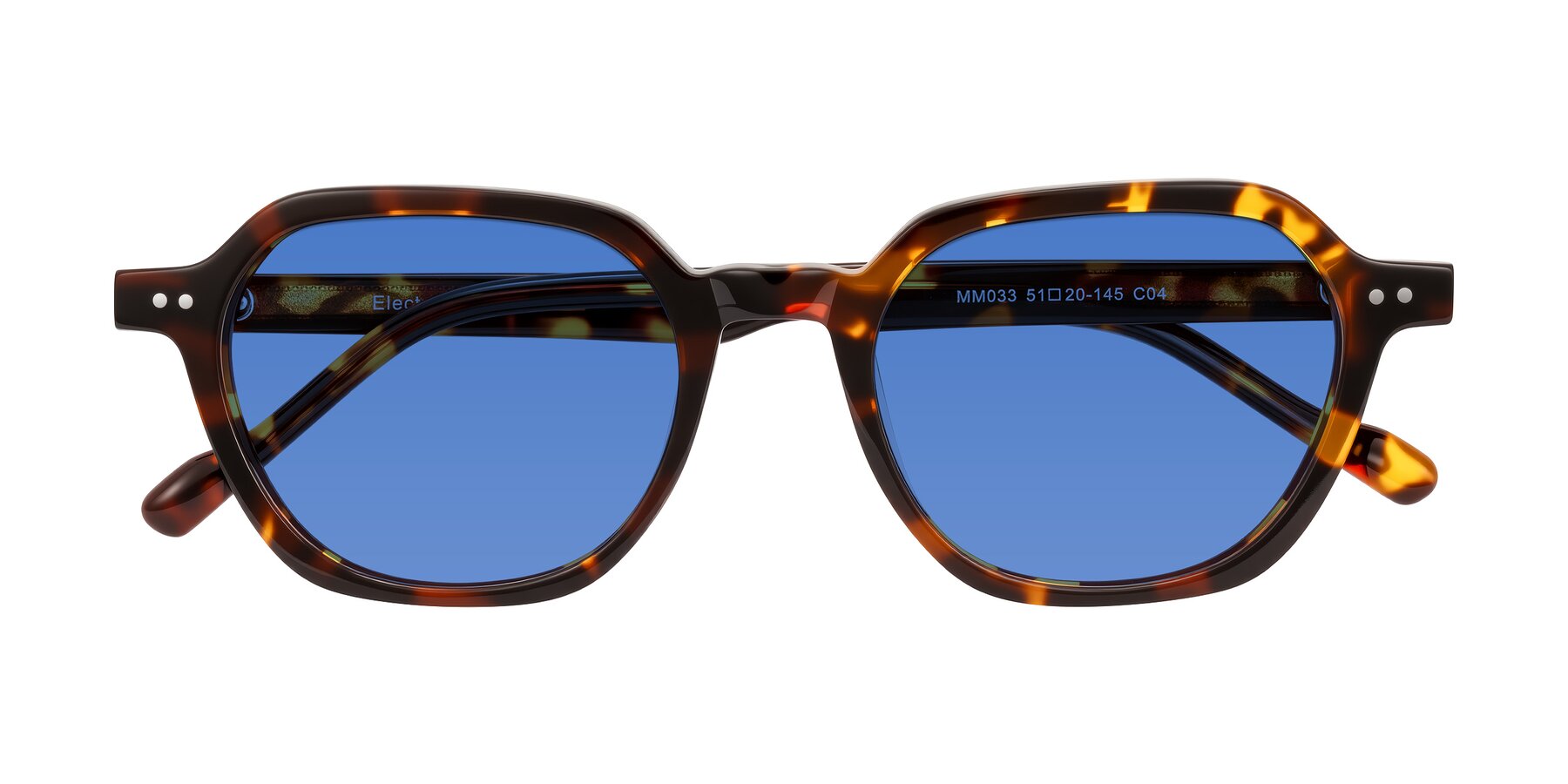 Folded Front of Electra in Tortoise with Blue Tinted Lenses