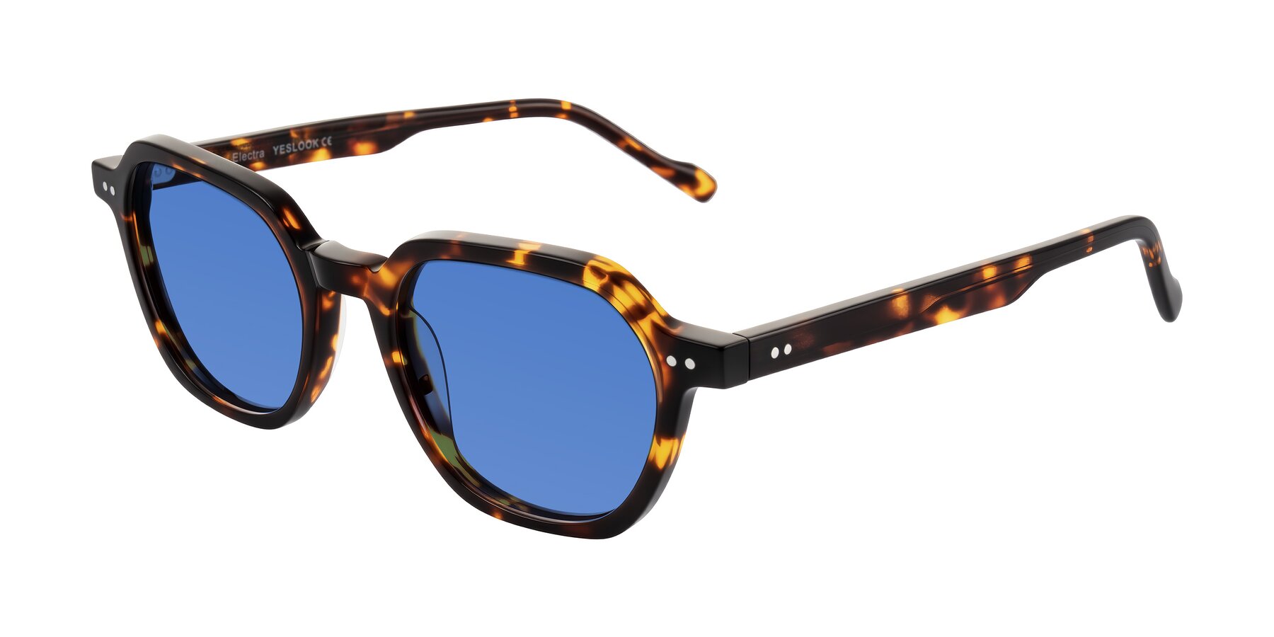 Angle of Electra in Tortoise with Blue Tinted Lenses