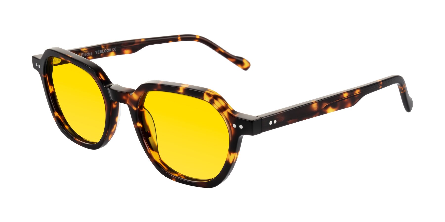Angle of Electra in Tortoise with Yellow Tinted Lenses