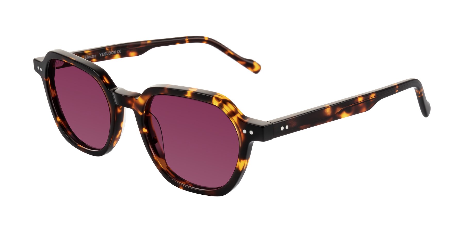 Angle of Electra in Tortoise with Wine Tinted Lenses