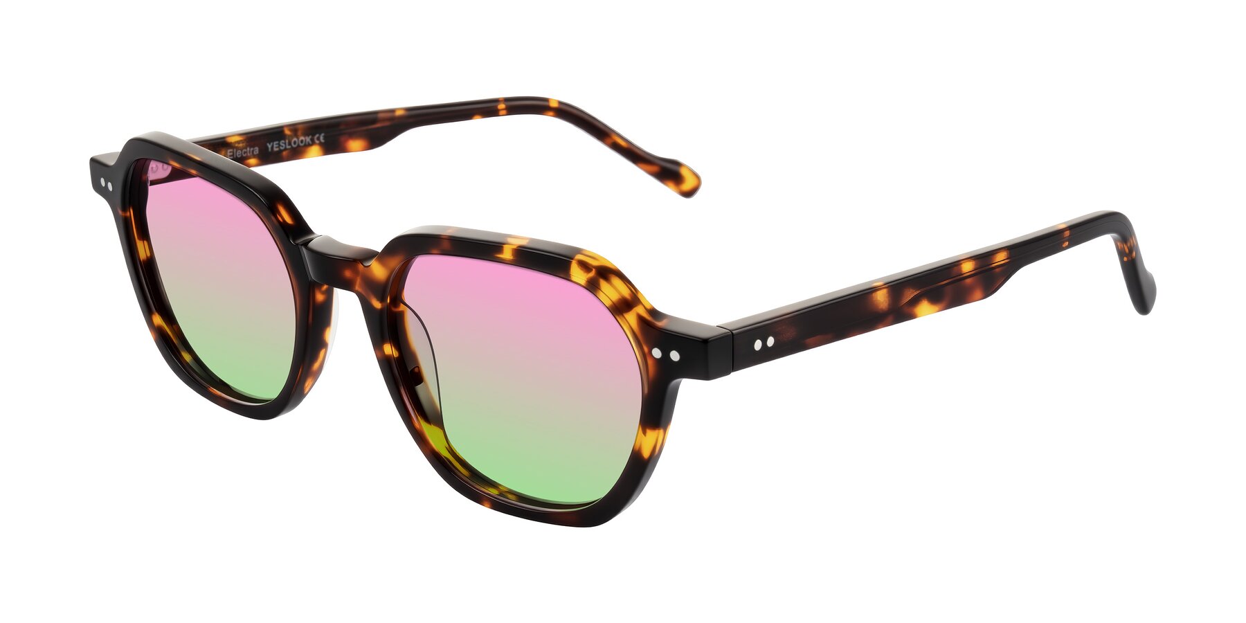 Angle of Electra in Tortoise with Pink / Green Gradient Lenses