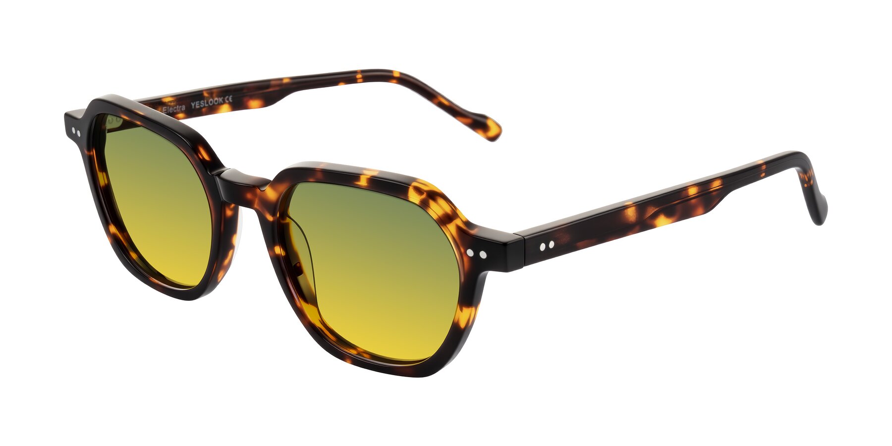 Angle of Electra in Tortoise with Green / Yellow Gradient Lenses