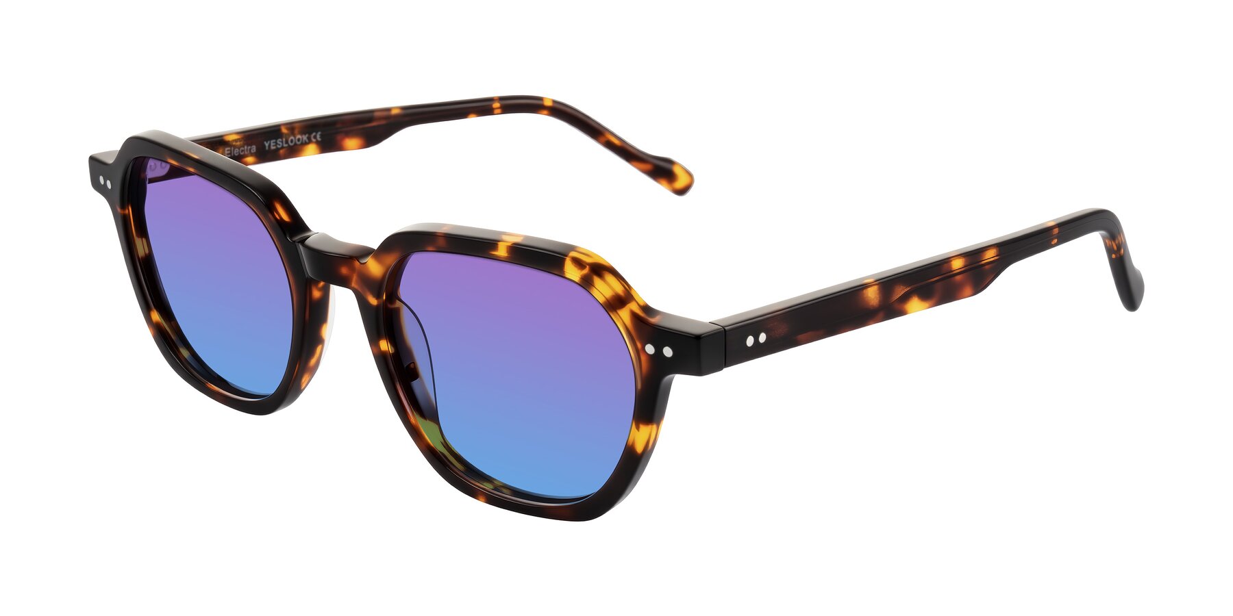 Angle of Electra in Tortoise with Purple / Blue Gradient Lenses