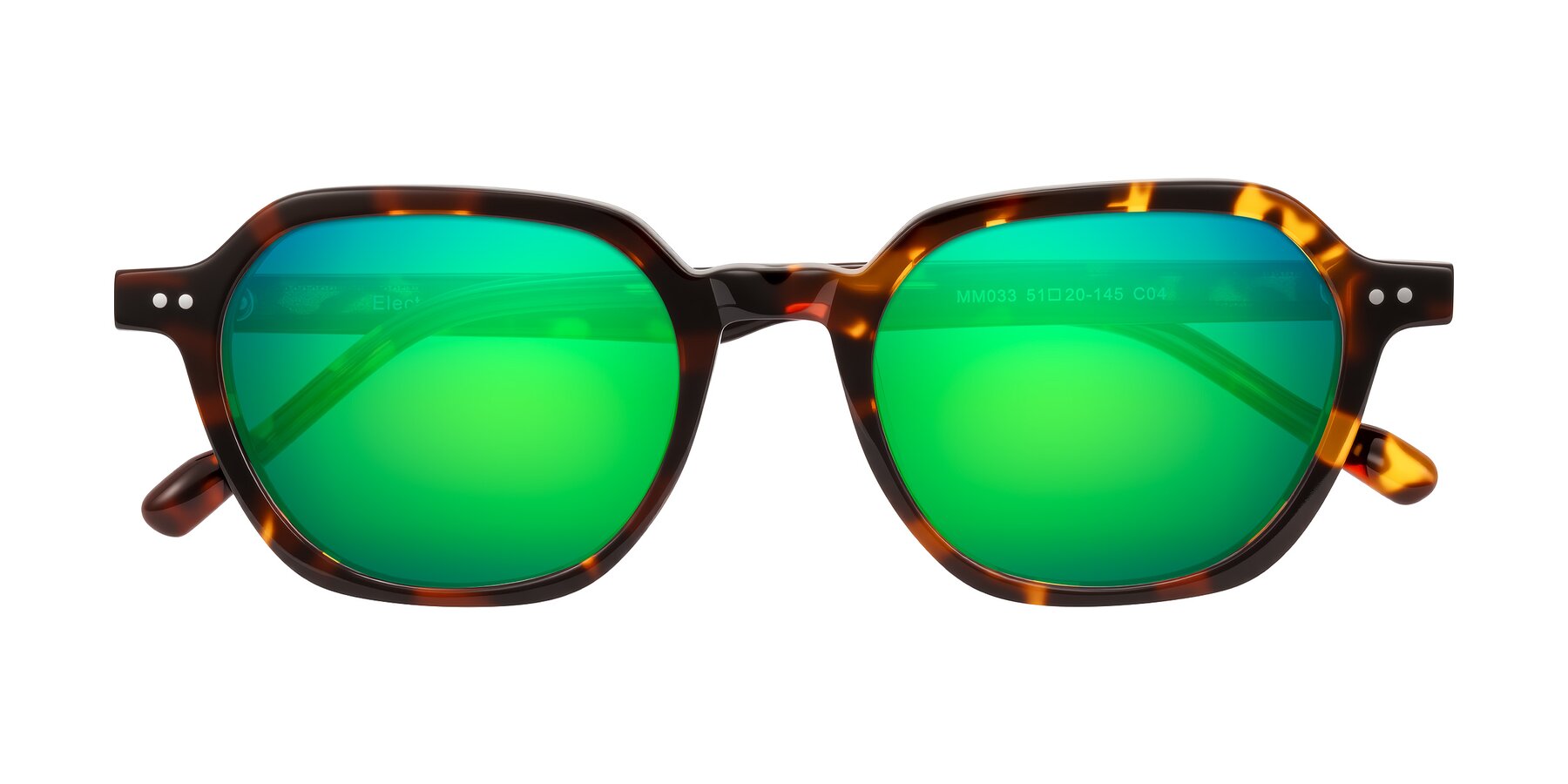 Folded Front of Electra in Tortoise with Green Mirrored Lenses