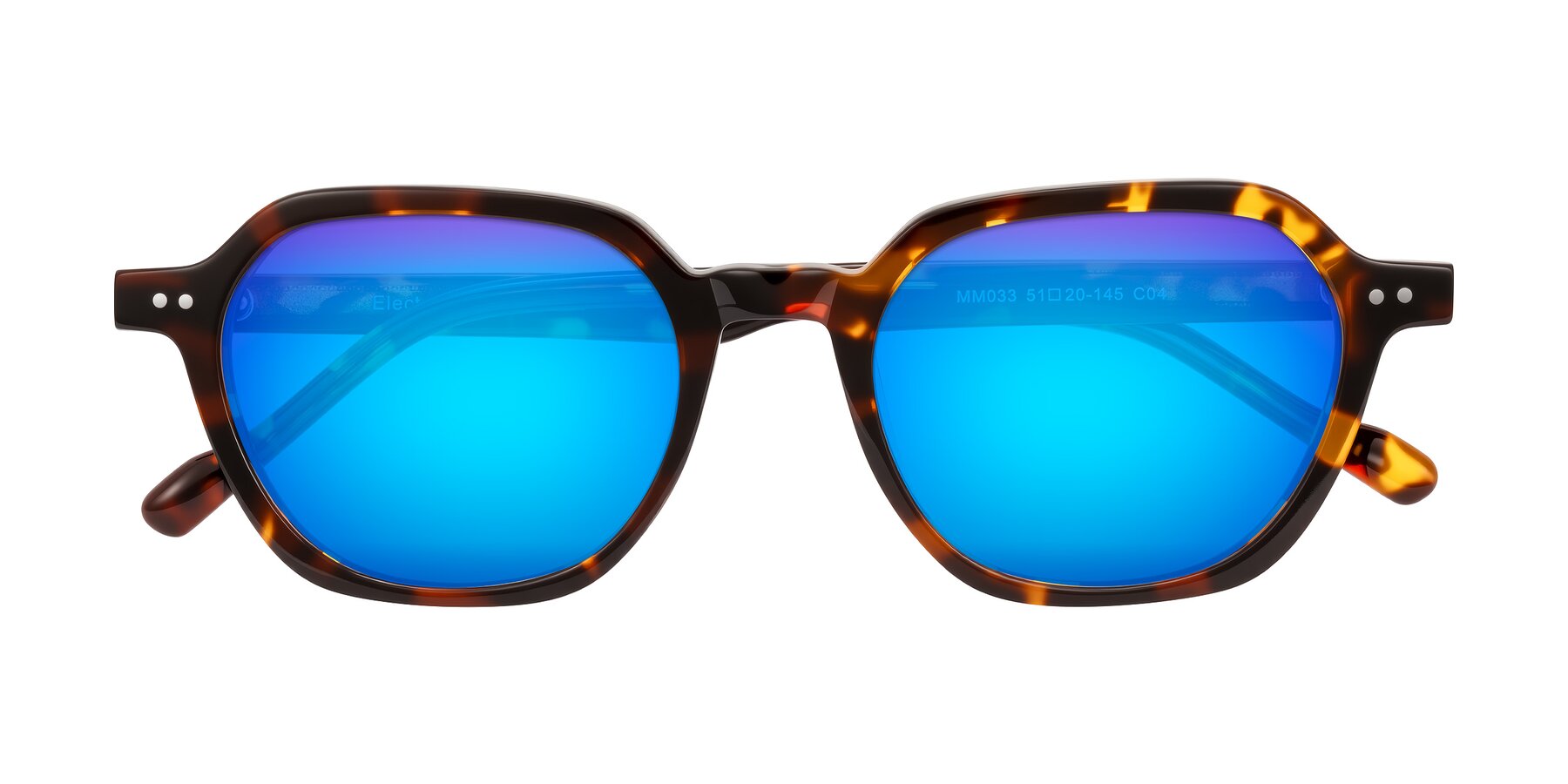 Folded Front of Electra in Tortoise with Blue Mirrored Lenses