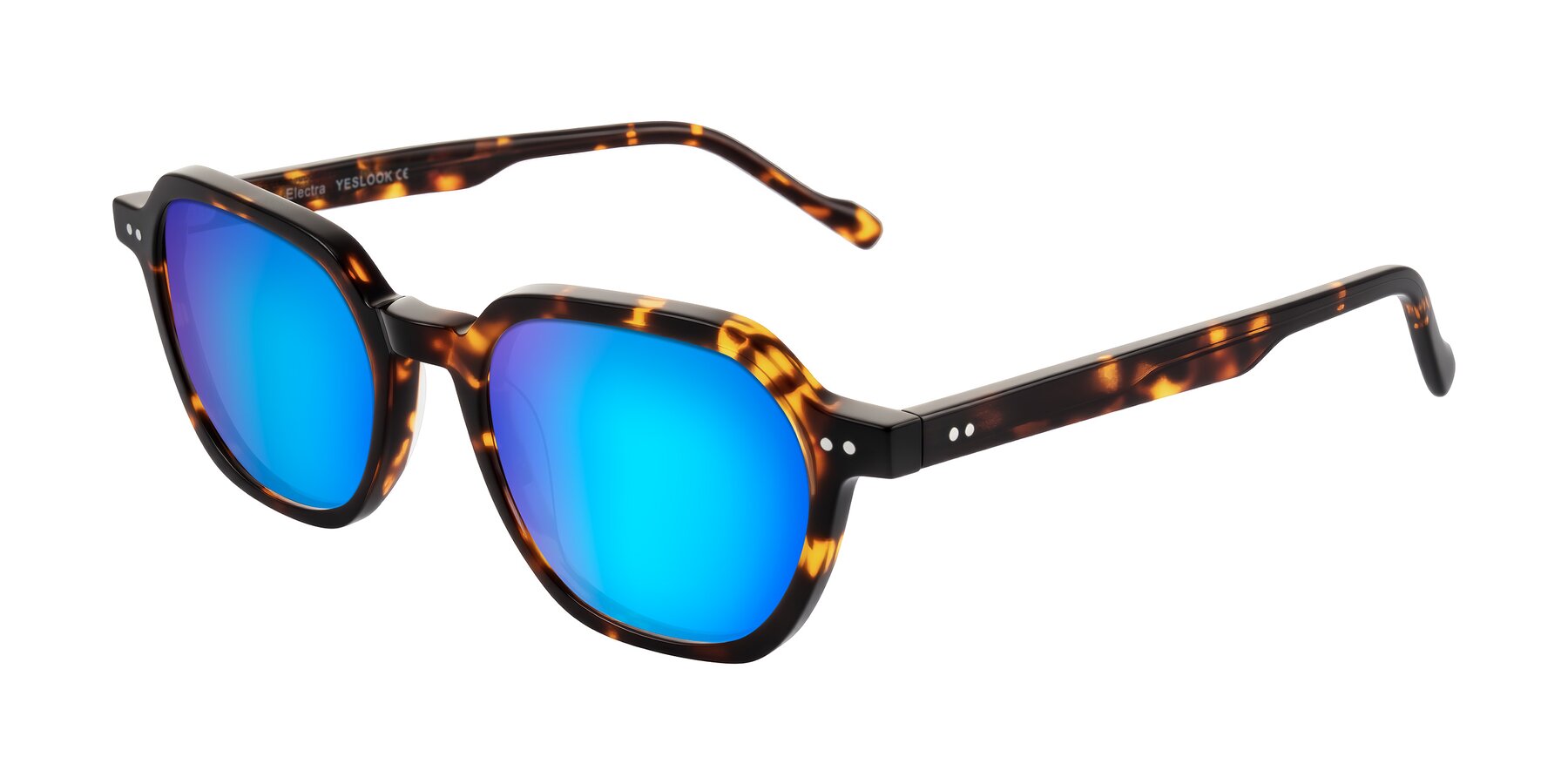 Angle of Electra in Tortoise with Blue Mirrored Lenses