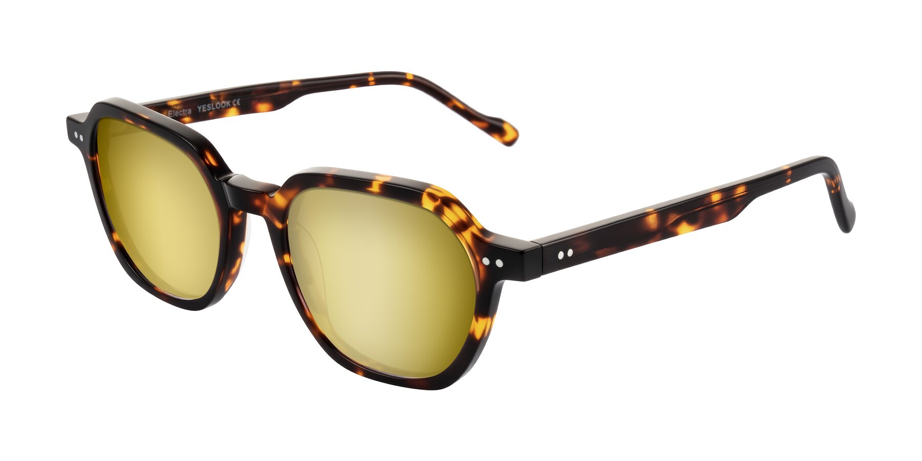 Angle of Electra in Tortoise with Gold Mirrored Lenses