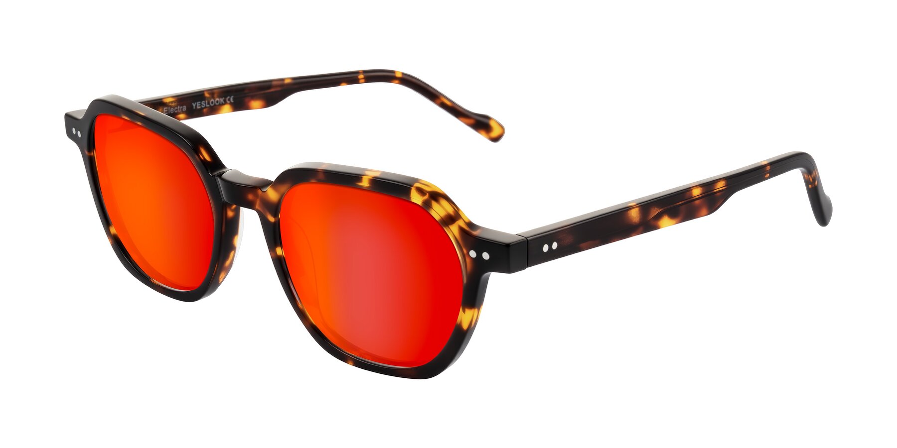 Angle of Electra in Tortoise with Red Gold Mirrored Lenses