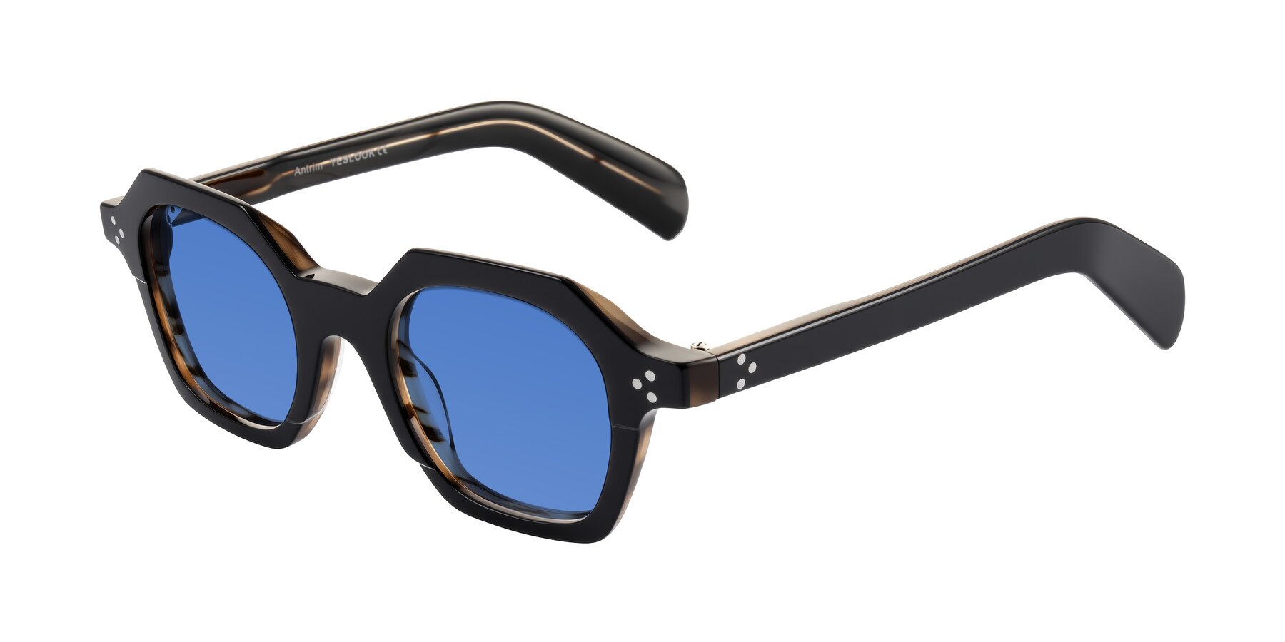 Angle of Antrim in Black/Brown Striped with Blue Tinted Lenses