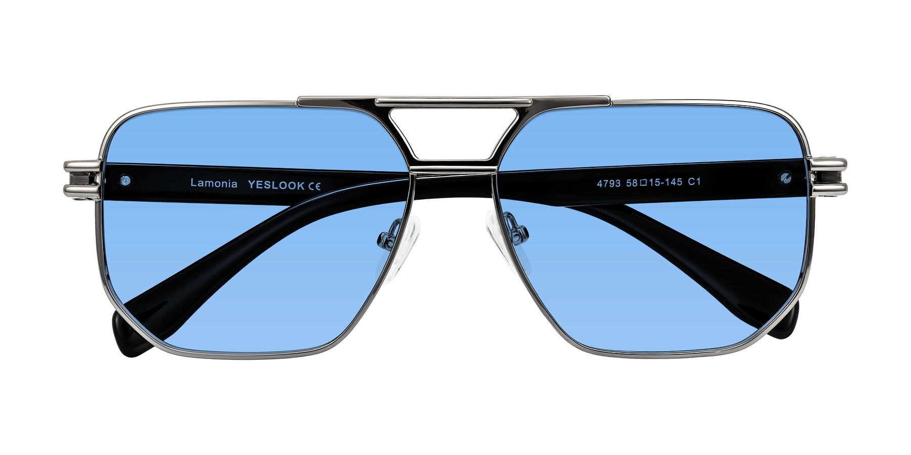 Folded Front of Lamonia in Gunmetal/Black with Medium Blue Tinted Lenses