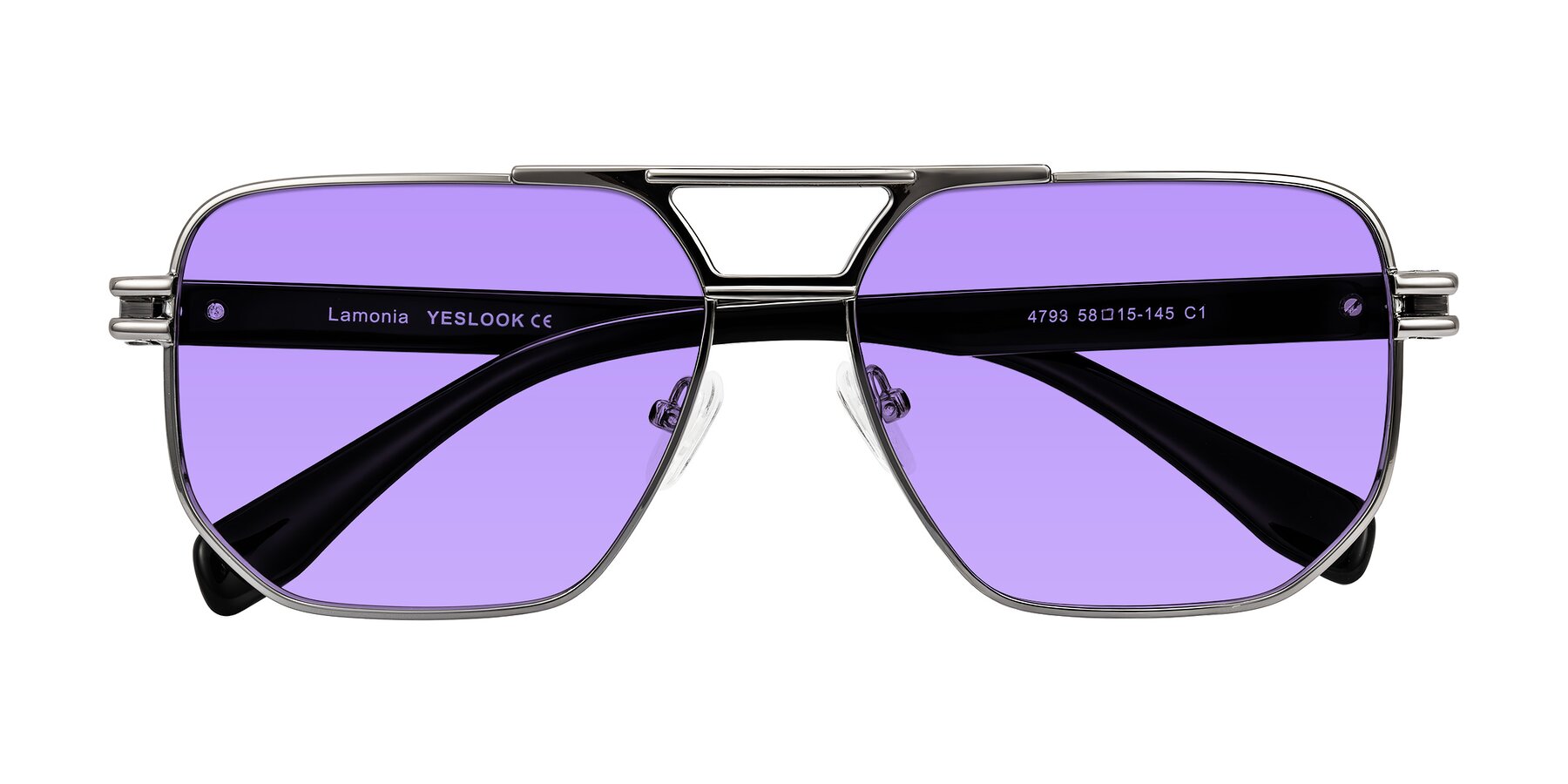 Folded Front of Lamonia in Gunmetal/Black with Medium Purple Tinted Lenses