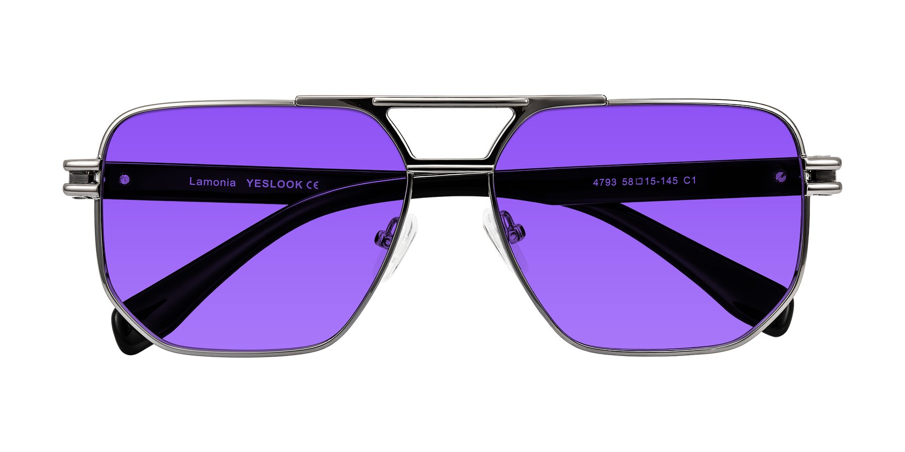 Folded Front of Lamonia in Gunmetal/Black with Purple Tinted Lenses
