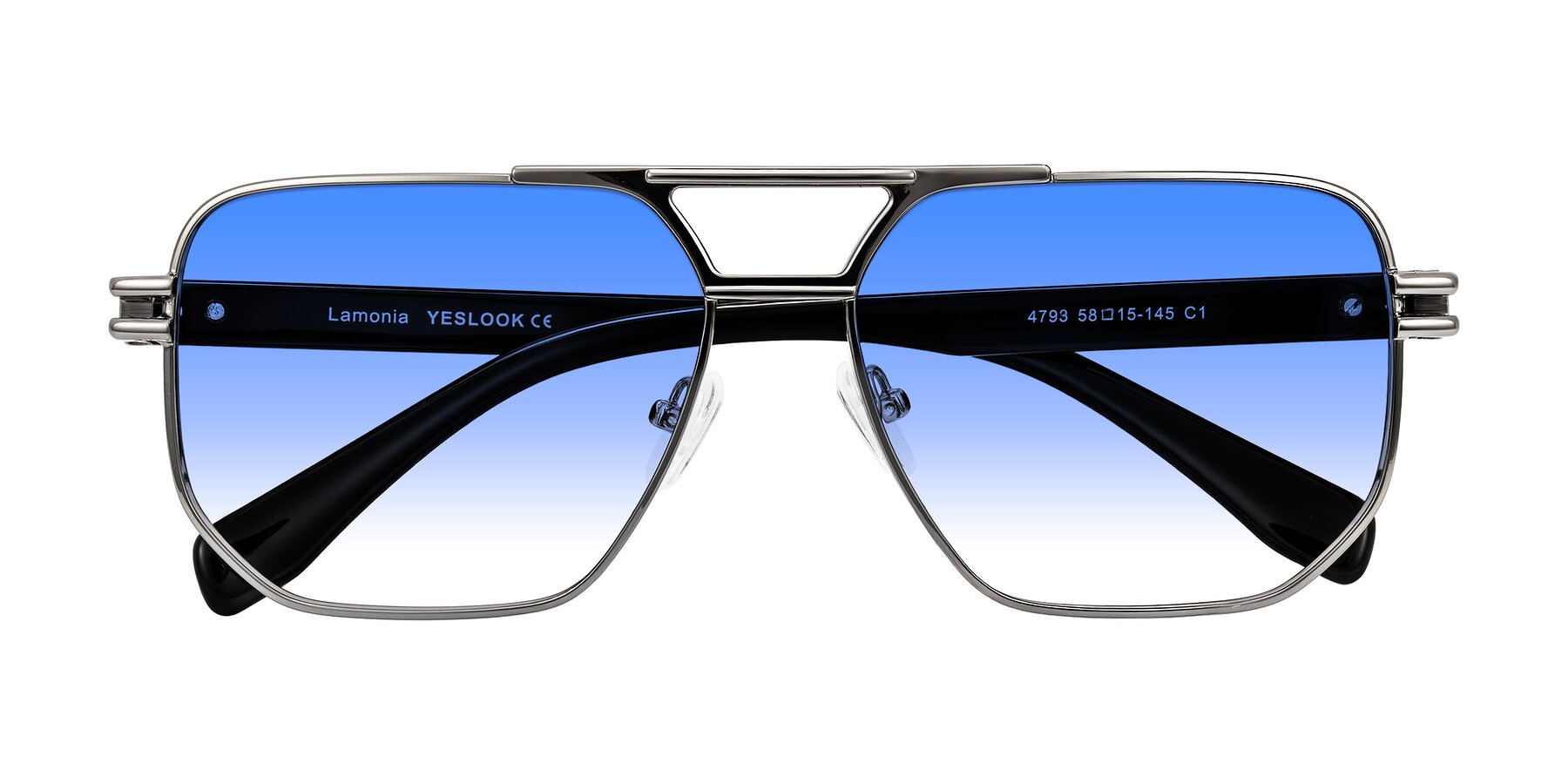 Folded Front of Lamonia in Gunmetal/Black with Blue Gradient Lenses