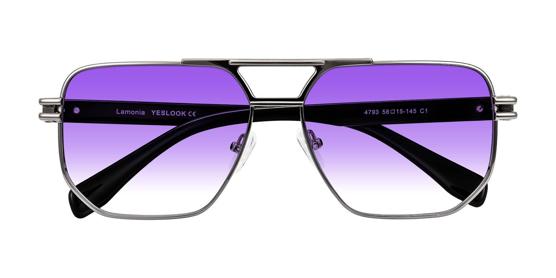 Folded Front of Lamonia in Gunmetal/Black with Purple Gradient Lenses