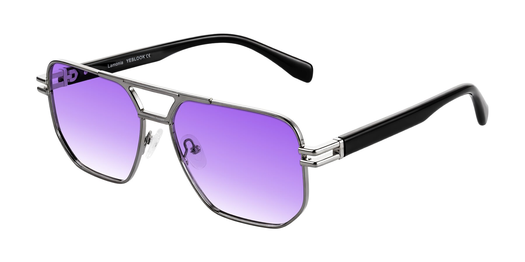 Angle of Lamonia in Gunmetal/Black with Purple Gradient Lenses
