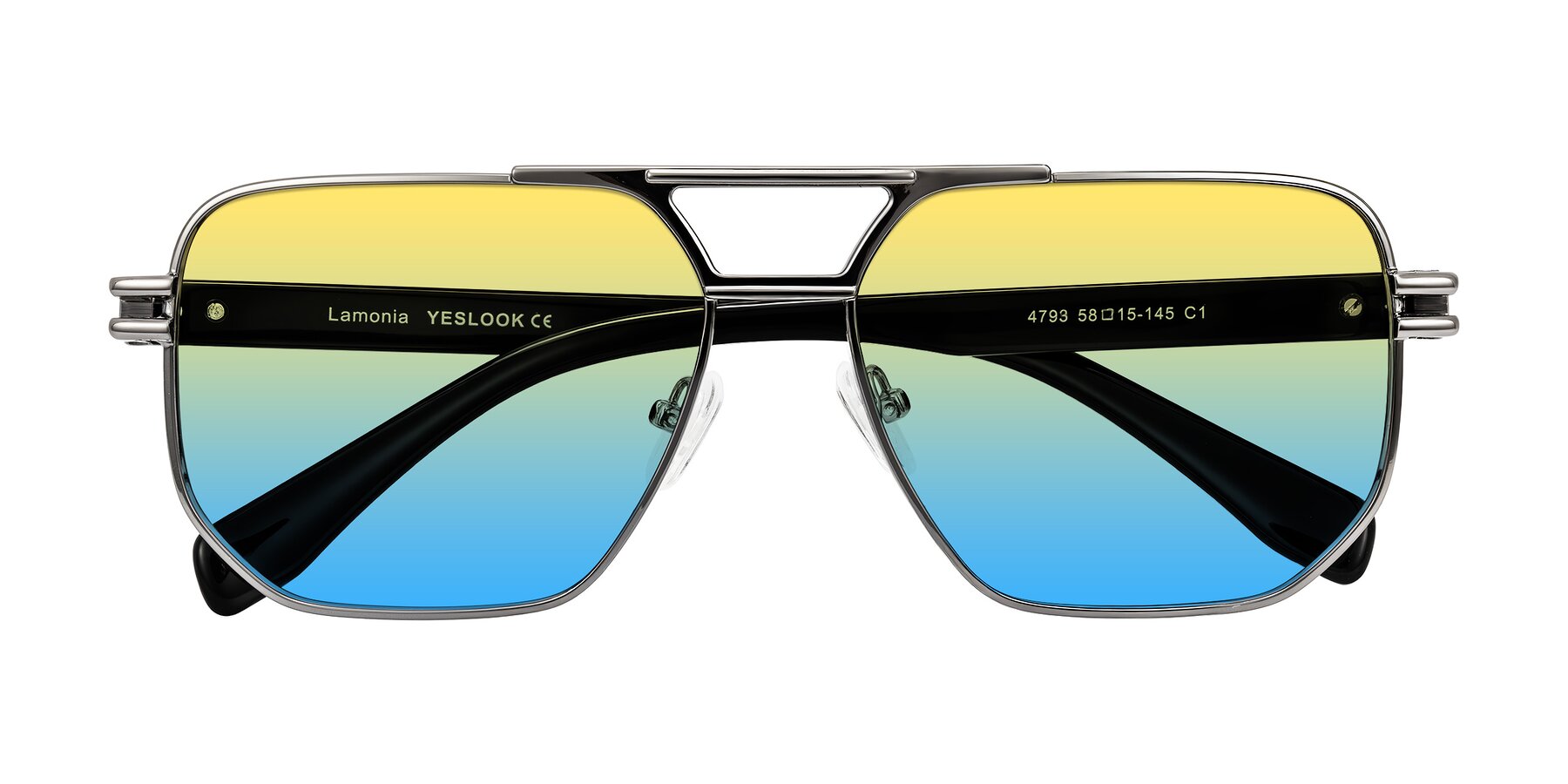 Folded Front of Lamonia in Gunmetal/Black with Yellow / Blue Gradient Lenses