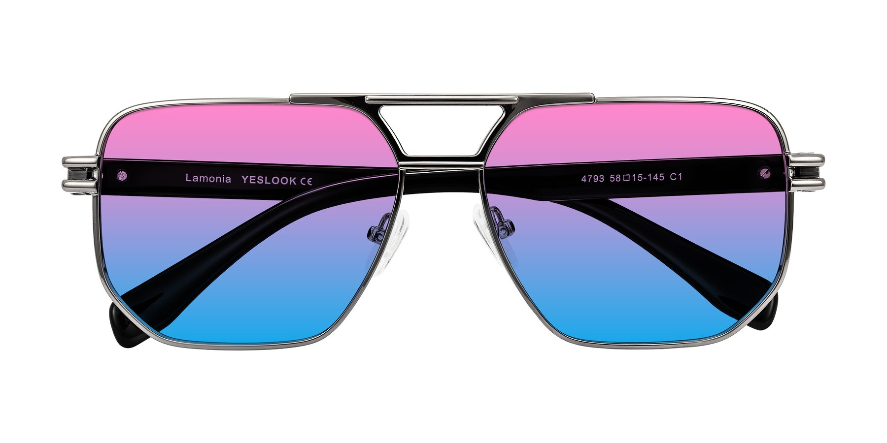 Folded Front of Lamonia in Gunmetal/Black with Pink / Blue Gradient Lenses